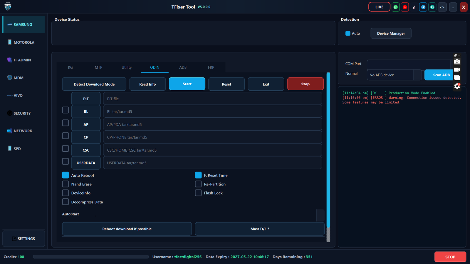 Odin flash UI